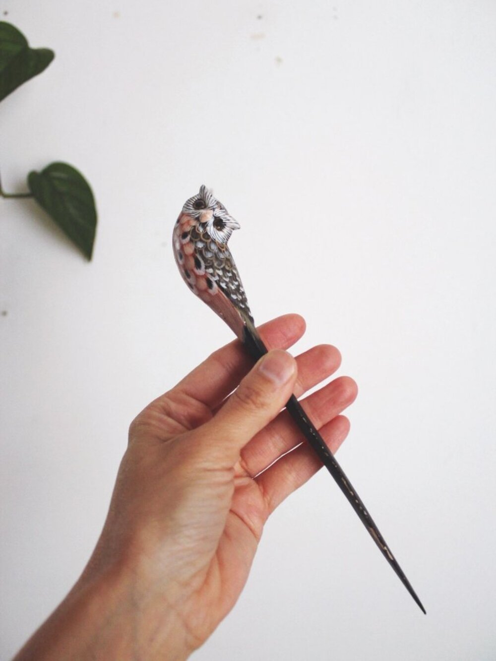 Vintage Hand-Painted Carved Wood Owl Letter Opener Mid Century Desktop Accessory